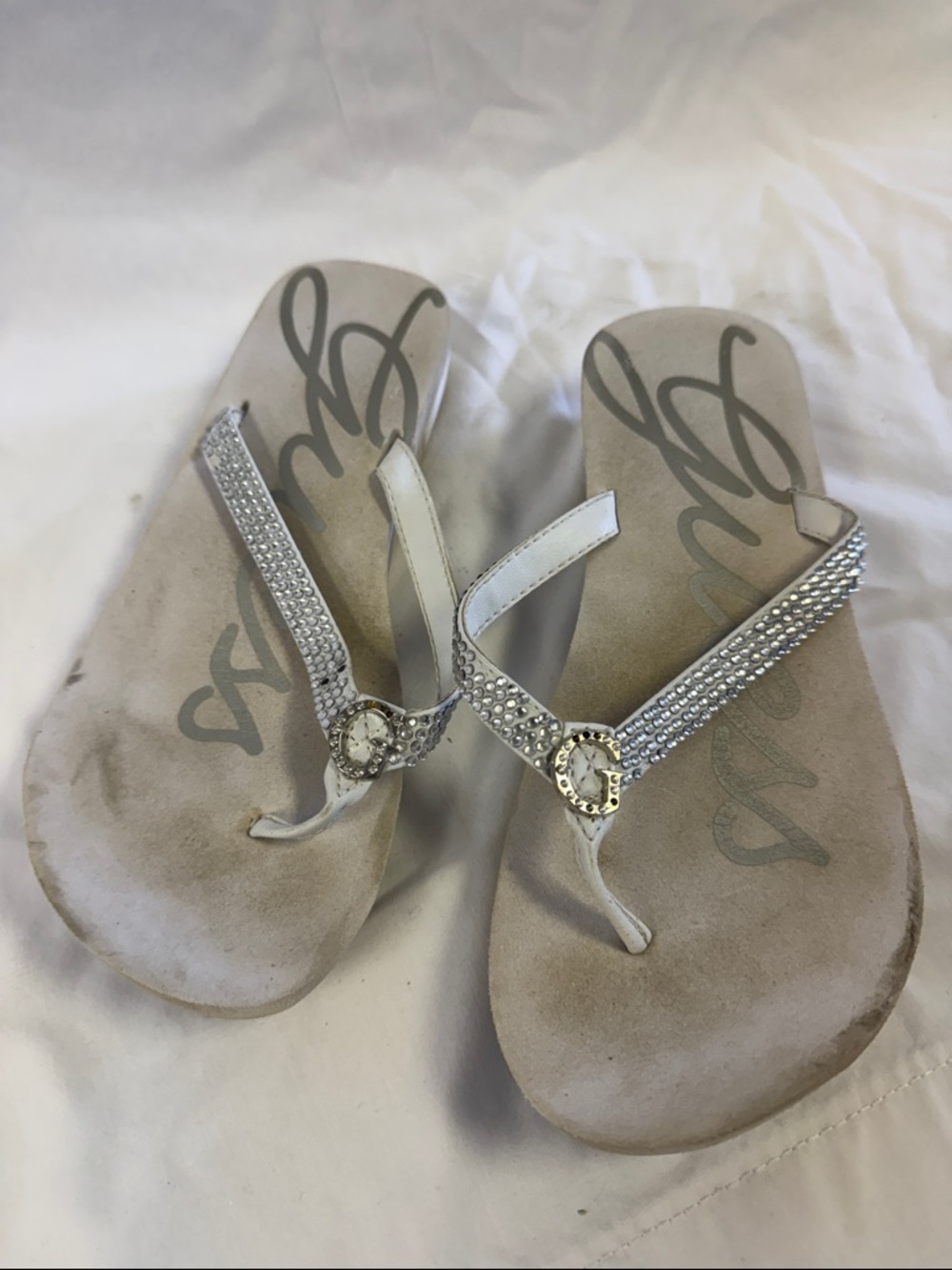 Guess White Rhinestone Thong Sandals with Jeweled Buckle